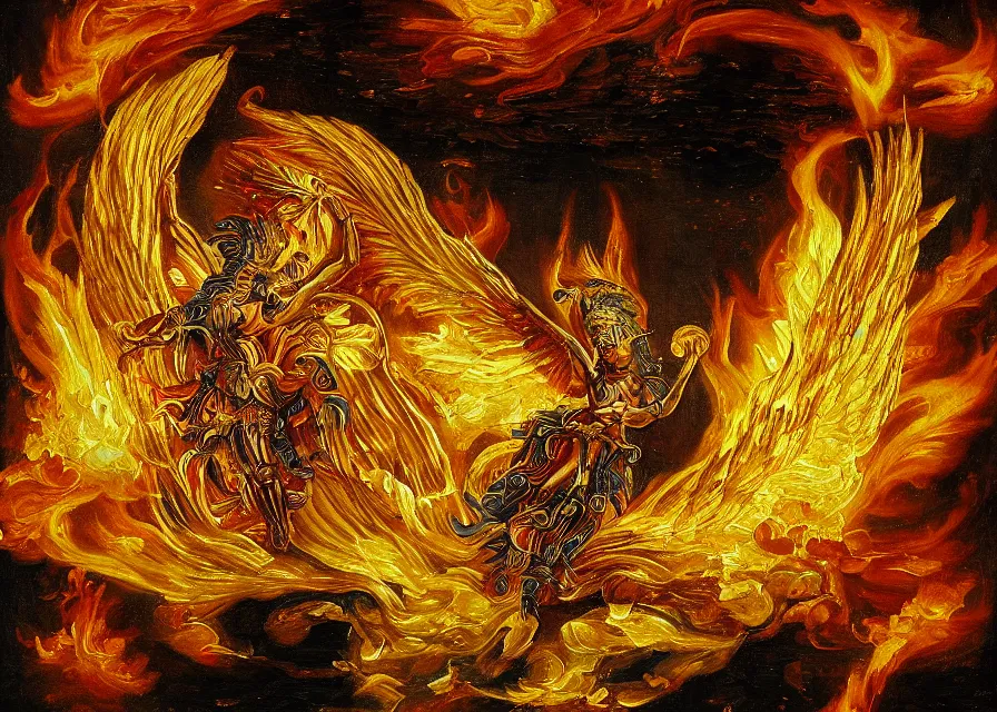 Prompt: firey archangel made of gold flying above a lake of fire, sparkling embers, renaissance oil painting