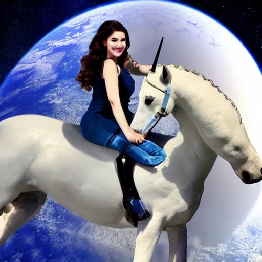 Image similar to amouranth riding a unicorn in space