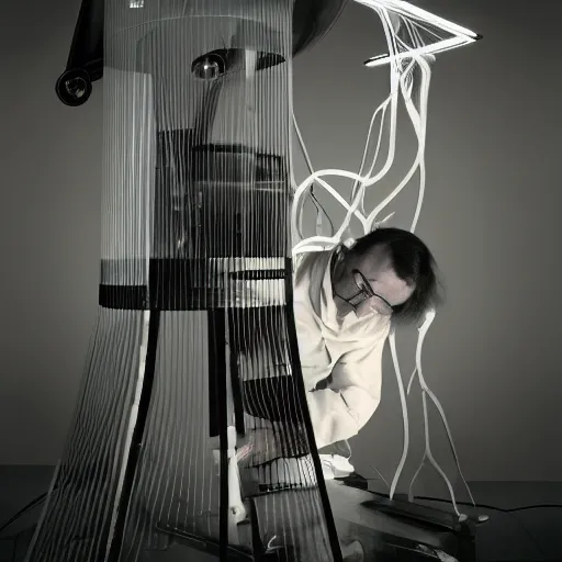 Image similar to portrait of Marcel Duchamp working on a futuristic machine, long exposure, minimal packshot, archival pigment print