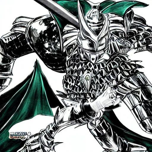 Prompt: knight in green car, blue armor, gold sword, dragon attack, low angle, action, manga panel, ONE, Murata, Berserk