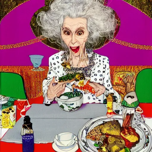 Image similar to hyper realistic hight detailed grandmother with a big mouth eating babies on the table in the russian kitchen, style by harry clarke, bright colors, 4 k, 1 6 k, 3 2 k