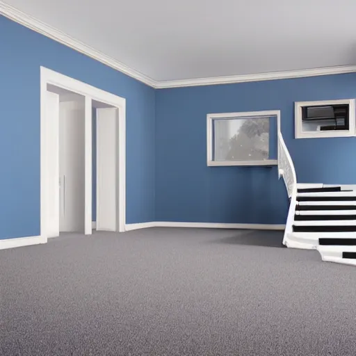 Image similar to dark nostalgic empty house with stairs in the middle and doors on either side, one door is closed and the door on the right is open to a blue bathroom, tan carpet