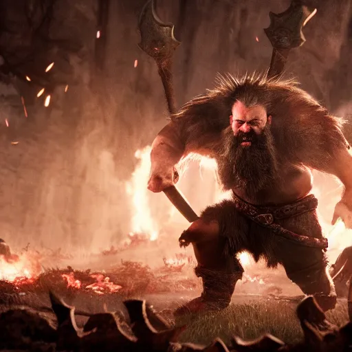 Prompt: a fantasy cinematic shot of a dwarf berserker swinging axes, fighting monsters, octane render, hyperreal, 8 k