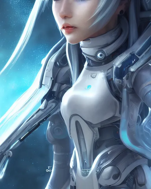 Image similar to perfect android girl on a mothership, warframe armor, beautiful face, scifi, futuristic, galaxy, nebula, raytracing, dreamy, long white hair, blue cyborg eyes, sharp focus, cinematic lighting, highly detailed, artstation, divine, by gauthier leblanc, kazuya takahashi, huifeng huang