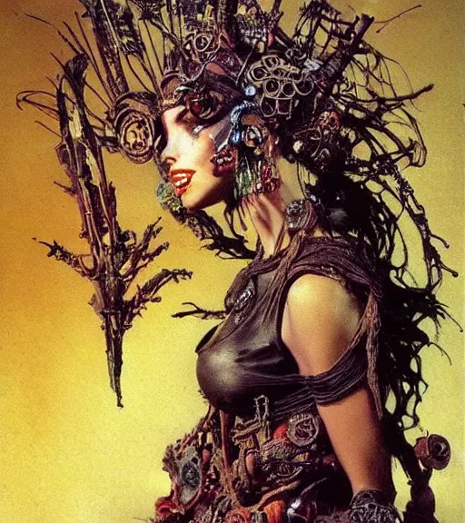 Image similar to empress of the wasteland, scrap metal headdress, strong line, deep color, high contrast, beautiful! coherent! by brian froud, by frank frazetta, low angle