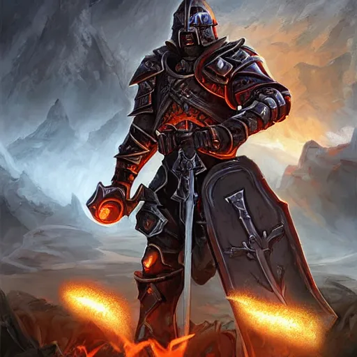 Image similar to Ares with heavy armor and sword, heavy knight helmet, dark sword in Ares's hand, war theme, bloodbath battlefield, fiery battle coloring, hearthstone art style, epic fantasy style art, fantasy epic digital art, epic fantasy card game art