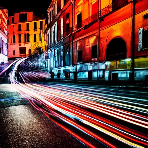 Image similar to long exposure of the cars in genoa at night. genova. street. night. neon lines. cars. nostalgic.