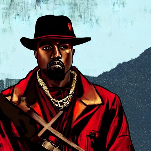 Image similar to kanye west in stephen bliss illustration red dead redemption 2 artwork of kanye west, in the style of red dead redemption 2 loading screen, by stephen bliss