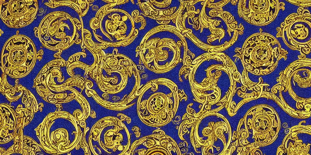 Image similar to versace gucci textile print design detailed intricate fine gold blue cyberpunk digital file high resolution