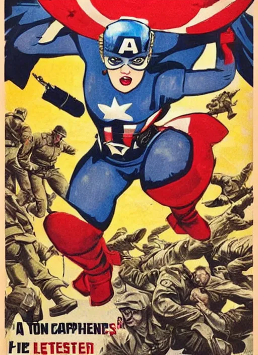 Image similar to beautiful female captain america standing on a pile of defeated, beaten and broken german soldiers. feminist captain america wins wwii. american wwii propaganda poster by james gurney. gorgeous face. overwatch. ralph bakshi