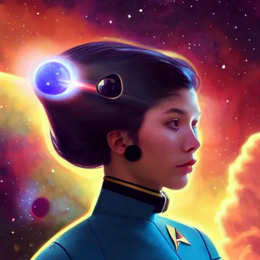 Image similar to a uhd photorealistic portrait of a cosmic cat wearing a starfleet uniform, holding a phaser, fantasy, sharp focus, intricate, sci - fi, artstation, matte, hyperdetailed, concept art, illustration, studio lighting, art by ilya kuvshinov, artgerm, alphonse mucha, amano, and karol bak