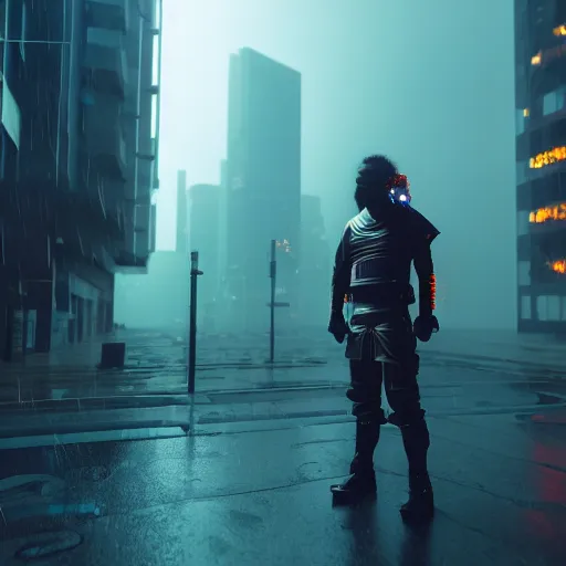 Image similar to cyberpunk samurai in a dytopian future, ultra realistic, fog, raytracing, reflections, rain, octane render