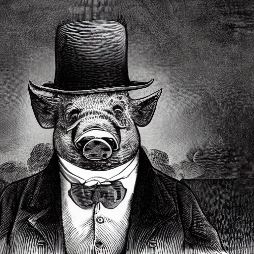 Prompt: closeup portrait of a angry pig in a tuxedo, dramatic lighting, farm background, moon, chiaroscuro, high detail, illustration by gustave dore