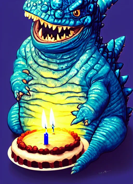 Image similar to portrait of a happy small fat blue godzilla with a birthday cake, wearing a three coloured cap with a propeller on top, intricate, elegant, candle light, highly detailed, digital painting, artstation, concept art, smooth, sharp focus, illustration, art by wlop, mars ravelo and greg rutkowski