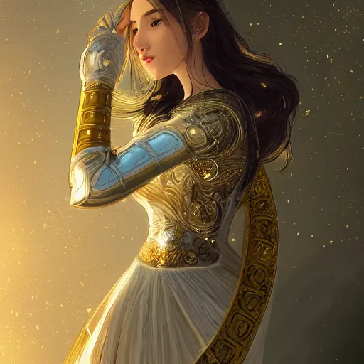 Prompt: portrait knights of Zodiac girl, white color mirror reflected armor, in ruined Agora of Athens moon night and firefly and star sparkles, ssci-fi, fantasy, intricate, very very beautiful, elegant, golden light, highly detailed, digital painting, artstation, concept art, smooth, sharp focus, illustration, art by tian zi and WLOP and alphonse mucha