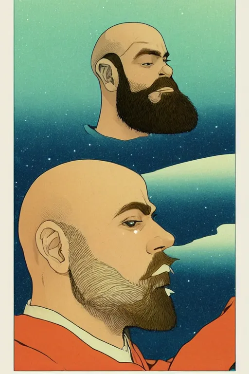 Image similar to a colorful closeup portrait of a young bald man with a huge beard and dreaming psychedelic hallucinations in the vast icy landscape of antarctica, by kawase hasui, moebius and edward hopper, colorful flat surreal design, hd, 8 k, artstation