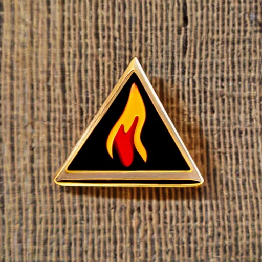 Image similar to a triangle enamel pin of a retro fire flames warning label, smooth curves