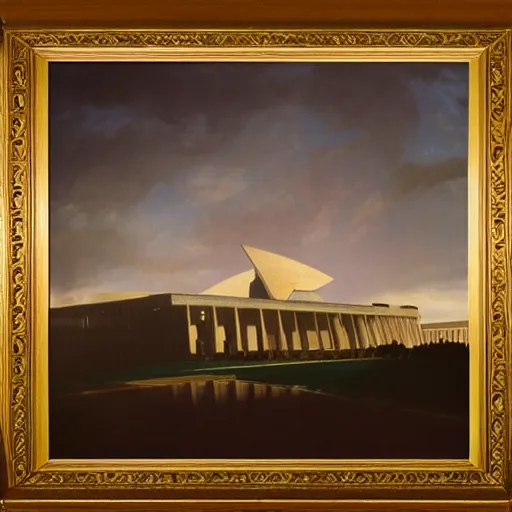 Image similar to australian parliament house in the style of john martin, epic, volumetric, dark lighting, painting, canberra