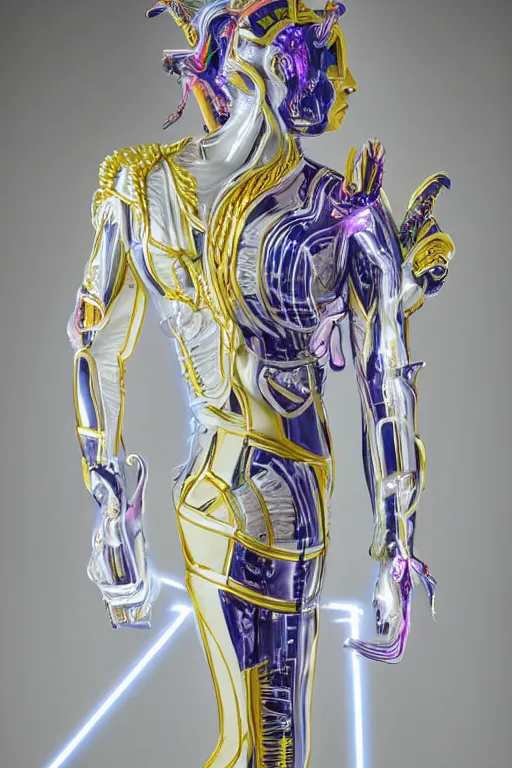 Prompt: full-body neon porcelain bladerunner style sculpture of a young handsome Colombian prince as a half android with a porcelain chest opening exposing circuitry and electric sparks, glowing laser beam eyes, crown of giant diamonds, flowing neon-colored silk, fabric, raptors. baroque elements. full-length view. baroque element. intricate artwork by caravaggio. many many birds birds on background. Trending on artstation, octane render, cinematic lighting from the right, hyper realism, octane render, 8k, depth of field, 3D