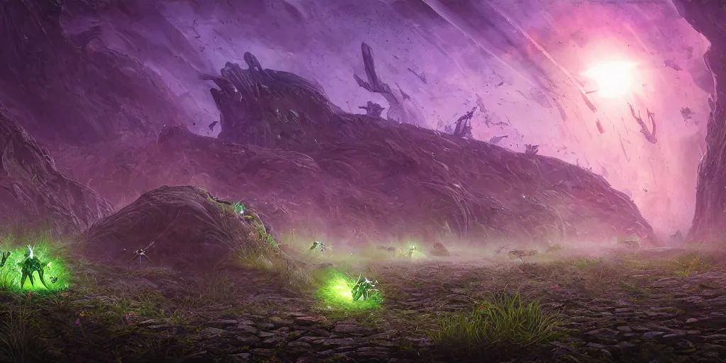 Prompt: rocky ground with a dirt path, and grass surrounding it, xenorphs part of the ground, organic alien ships attack the ground from the sky, john howe, liam wong, highly detailed, vibrant and vivid, giger, purple, aquamarine, hunter green, crimson, sentient ai's wandering the landscape, contrast, bright lights,