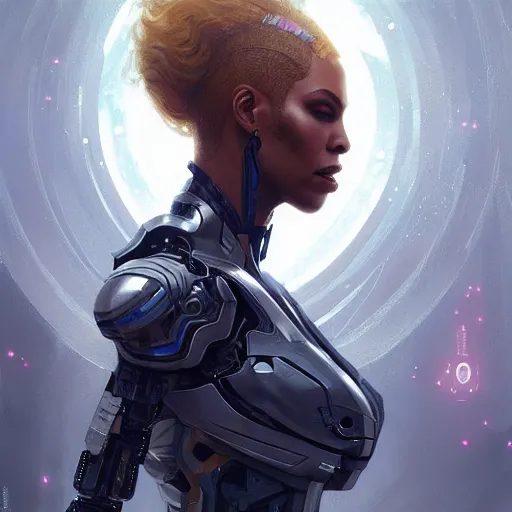 Image similar to cyborg beyonce profile picture by Greg Rutkowski, dynamic pose, intricate, futuristic, fantasy, elegant, by Stanley Artgerm Lau, greg rutkowski, thomas kindkade, alphonse mucha, loish, norman Rockwell,