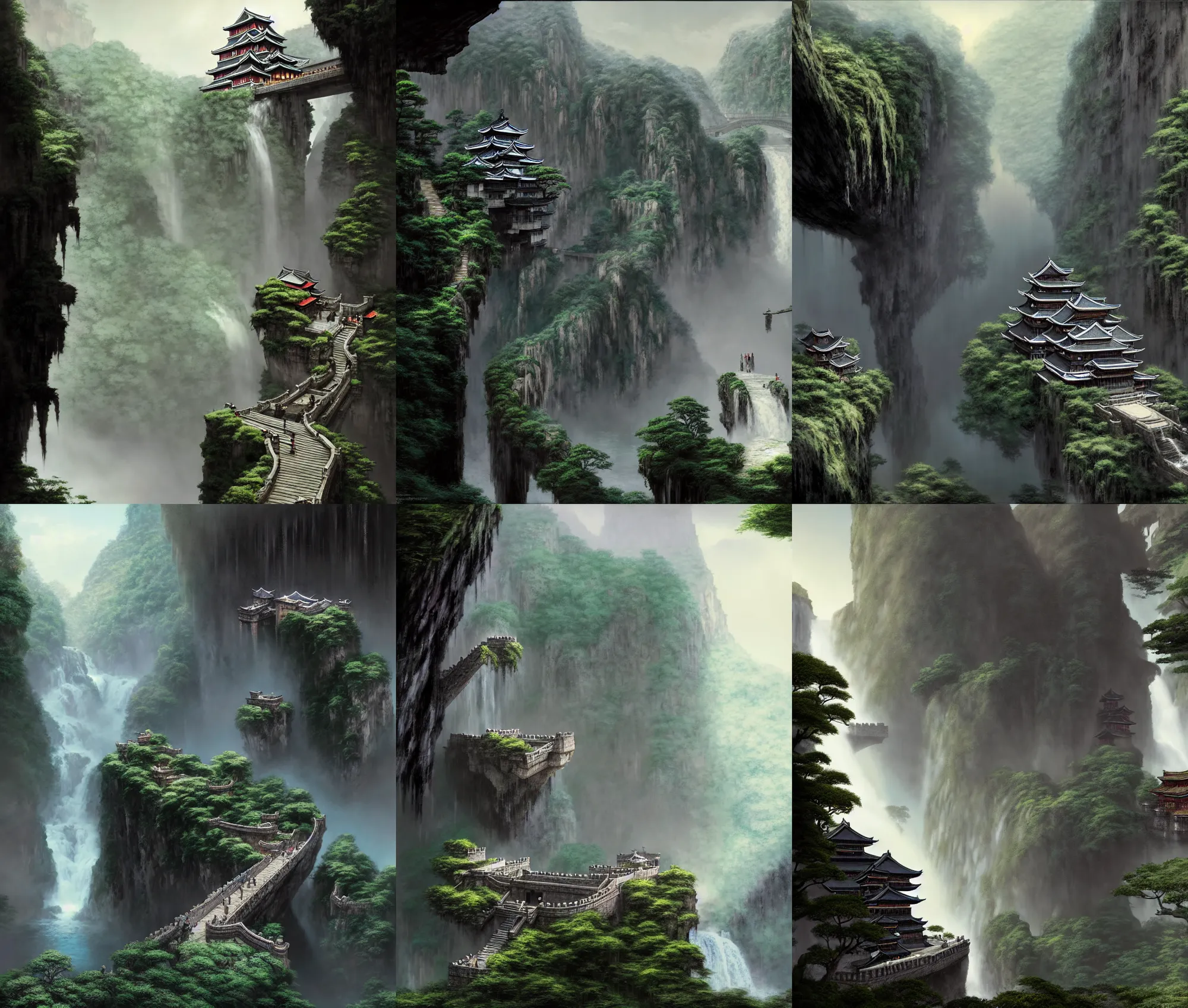 Prompt: establishing wide shot inside han son doong with waterfalls on either side of the cliff walls, at the top of the cliff is a japanese castle, a cloister is built into the cliff walls, an old suspension bridge spans the walls, dawn lighting, detailed concept art by greg rutkowski and gerald brom and raphael lacoste, unreal engine, octane render, detailed textures