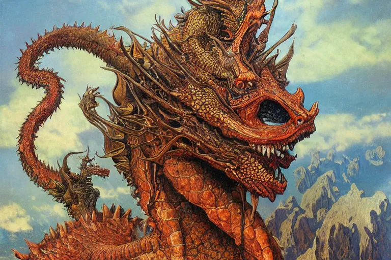 Image similar to oil painting, super - detailed scene of two headed dragon where one head is donald trump and the other is vladimir putin, japanese sci - fi books art, artwork by jean giraud and zdzislaw beksinski and alphonse mucha and hr giger, hd, 4 k, high quality