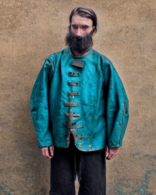 Image similar to an award - winning photo of an ancient male model wearing a plain baggy teal distressed medieval designer menswear dutch police jacket slightly inspired by medieval armour designed by raf simons, 4 k, studio lighting, wide angle lens