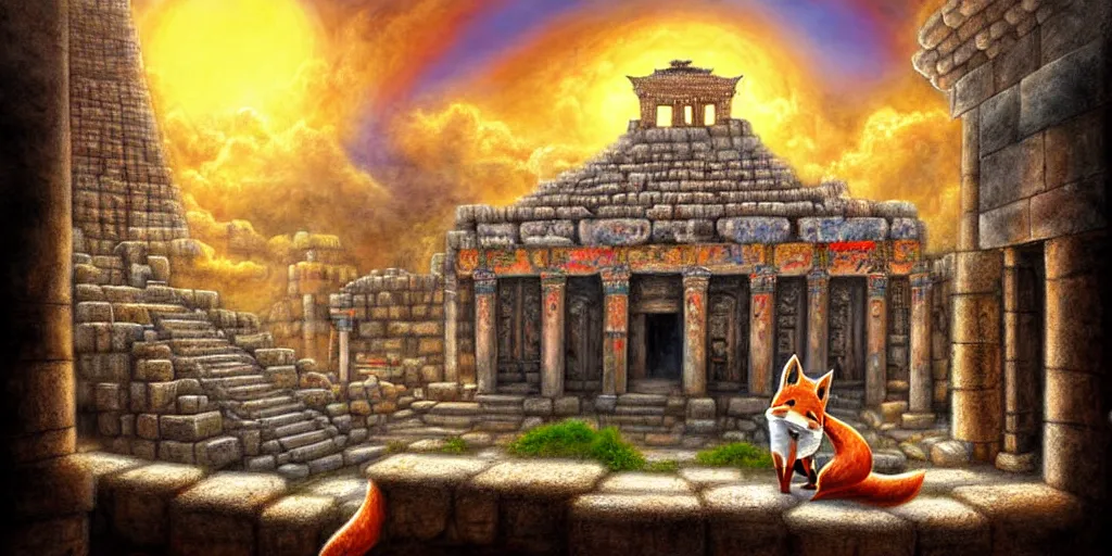 Image similar to illusion painting hidden temple in the clouds : an adorable small fox in the huge ruins of the second temple in jerusalem. a new temple hovers quietly hiding in the dreamy clouds above. a hooded bearded old man in a brown tunic laughing, colorful 8 k, art station, intricate superb details, digital art, illusion painting hidden image.