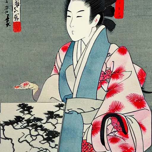 Image similar to ink painting, japanese style, manga, girl in a kimono