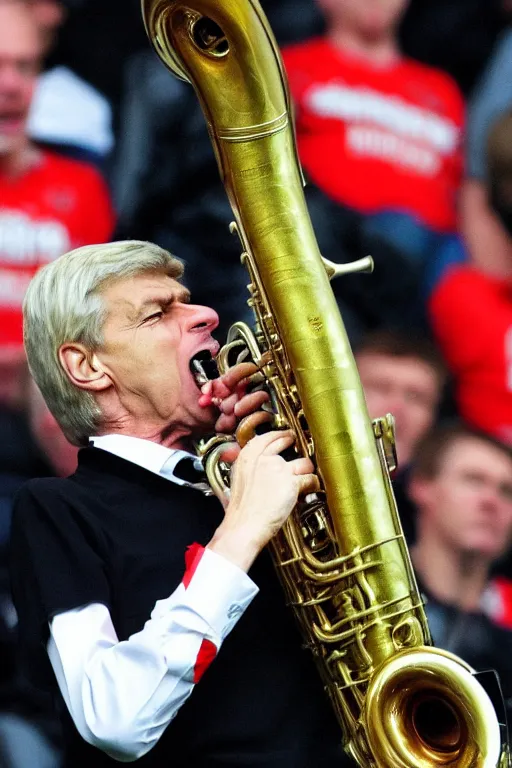 Image similar to a photo of arsene wenger going wild on a saxaphone