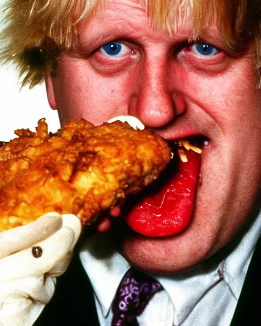 Image similar to film still close - up shot of boris johnson eating fried chicken from the movie monty python's the meaning of life. photographic, photography