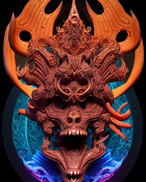 Image similar to 3 d ornate carved satan with tattoos profile portrait, sigma 5 0 0 mm f / 5. beautiful intricate highly detailed quetzalcoatl skull. bioluminescent, plasma, lava, ice, water, wind, creature, thunderstorm! artwork by tooth wu and wlop and beeple and greg rutkowski, 8 k trending on artstation