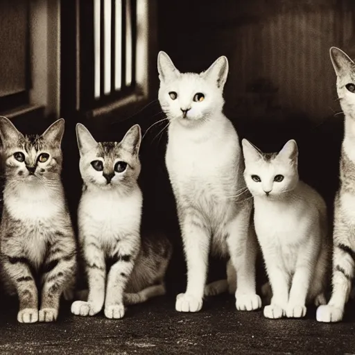 Prompt: photo of a group of stray cats watching television in a dark alley, studio lighting moonlit