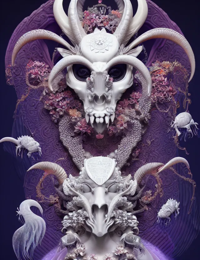 Image similar to 3 d goddess close - up profile portrait of satanic with ram skull. beautiful intricately detailed japanese crow kitsune mask and clasical japanese kimono. betta fish, jellyfish phoenix, bio luminescent, plasma, ice, water, wind, creature, artwork by tooth wu and wlop and beeple and greg rutkowski