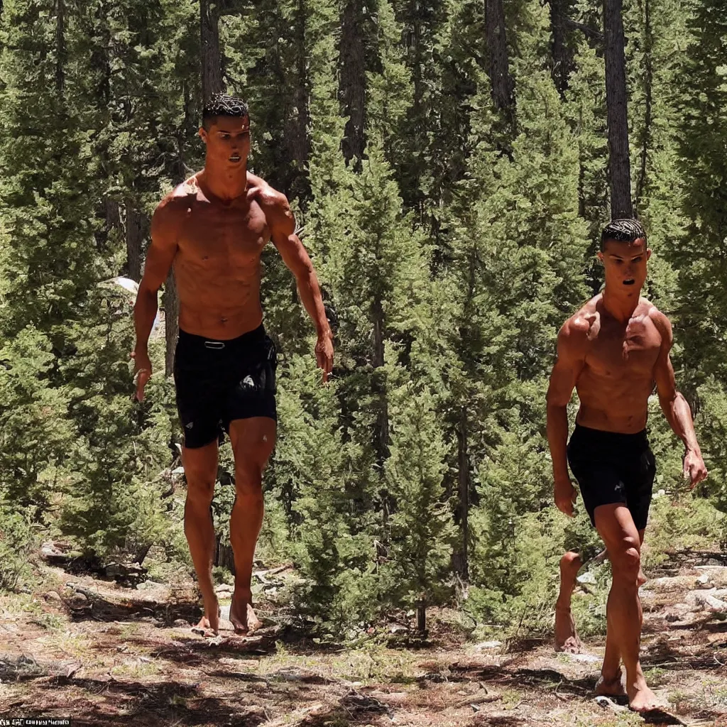 Prompt: cristiano ronaldo lost in the Tahoe forest and caught on trail cam, bare shirt, flip-flop, sweating profusely, sacred, crying