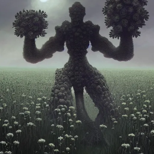 Image similar to concept art of a slender giant fractal golem, elegant, day time, foreboding, fantasy, field, flowers, trending on artstation, wayne barlowe