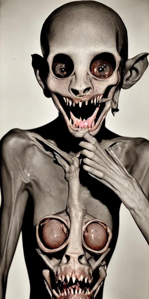 Prompt: award winning photo of anorexic boney pigman screaming eyes, vivid colors, happy, symmetrical face, beautiful eyes, studio lighting, wide shot art by Sally Mann & Arnold Newman