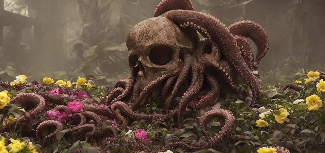 Prompt: an octopus in the shape of a skull surrounded by flowers at midnight, foggy!, cinematic shot, photo still from movie by denis villeneuve, wayne barlowe