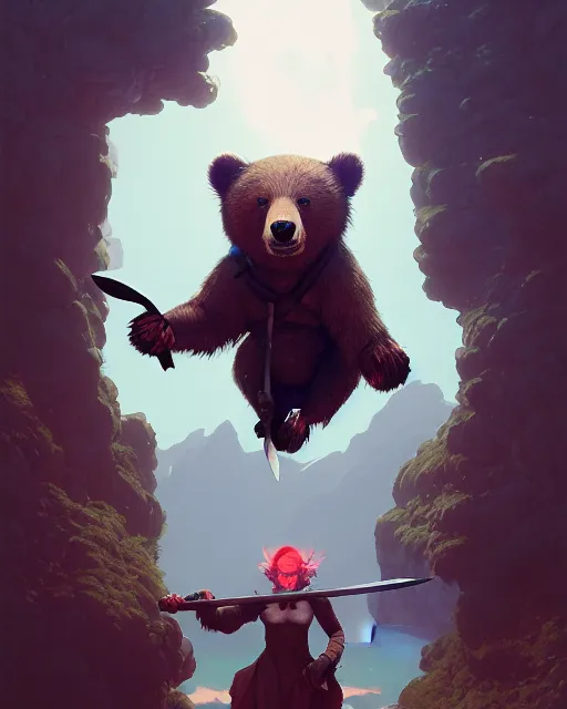 Prompt: highly detailed surreal vfx portrait of a ninja bear holding an axe, stephen bliss, unreal engine, greg rutkowski, loish, rhads, beeple, makoto shinkai and lois van baarle, ilya kuvshinov, rossdraws, tom bagshaw, alphonse mucha, global illumination, detailed and intricate environment