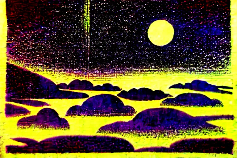 Image similar to surreal view of a parallel universe, very coherent and colorful high contrast, screen printing woodblock, dark shadows, hard lighting, stipple brush technique,