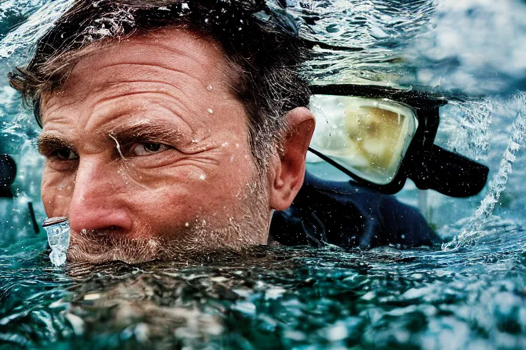 Image similar to closeup potrait of a man snorkeling underwater in flooded amsterdam, photograph, natural light, sharp, detailed face, magazine, press, photo, Steve McCurry, David Lazar, Canon, Nikon, focus