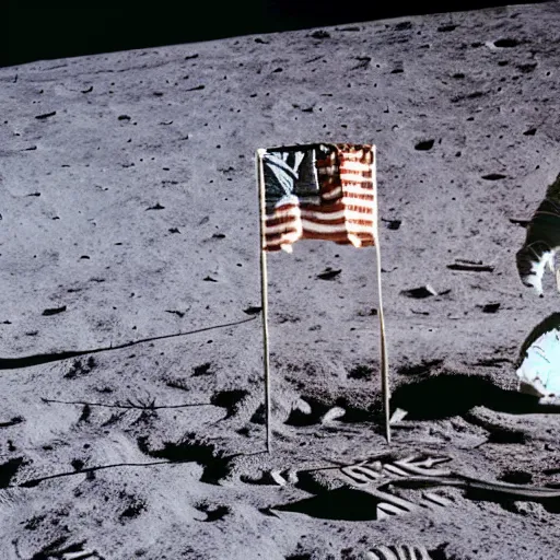 Prompt: Neil Armstrong on the moon, holding the Soviet flag, Sun visor reflection hi-res