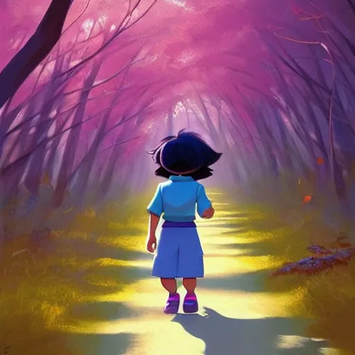 Image similar to goro fujita ilustration mafalda dora the explorer with blue clothes, walking through the forest, painting by goro fujita, sharp focus, highly detailed, artstation