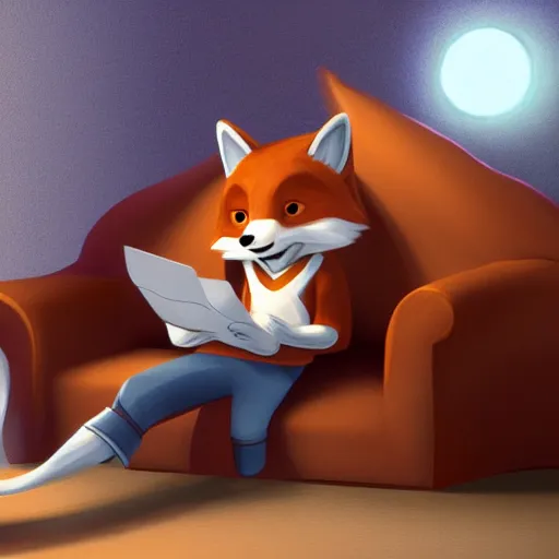 Prompt: an anthropomorphic fox sitting on a couch, wearing a t-shirt and jeans , 8k resolution matte fantasy painting, cinematic lighting, DeviantArt, Artstation, furry, anthro, anthropomorphic, furaffinity, cartoon, disney