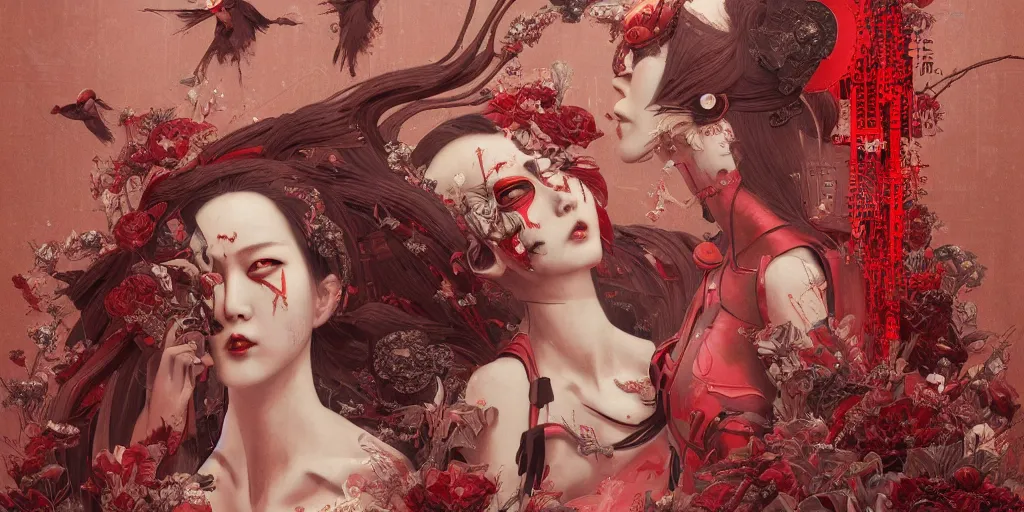 Image similar to breathtaking detailed red gardian mao dictature cyberpunk death heall concept art painting art deco pattern of birds goddesses amalmation flowers, by hsiao ron cheng, tetsuya ichida, bizarre compositions, exquisite detail, extremely moody lighting, 8 k, art nouveau, old chines painting