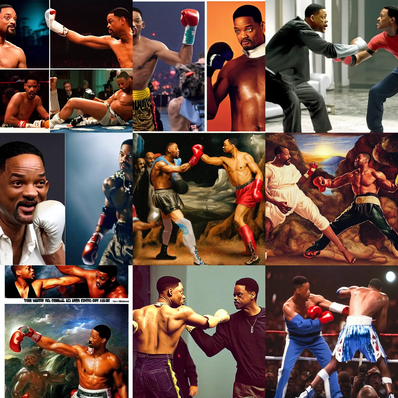 Prompt: will smith punching chris rock, the creation of adam, style of michaelangelo