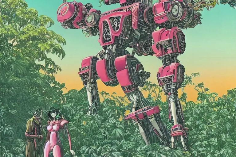 Image similar to gigantic woman, a lot of exotic vegetation around, trees, huge mecha robot, flowers, risograph!, omnious, dark, oldschool vintage sci - fi flat surreal design, super - detailed, painting by moebius and satoshi kon and jodorowski and katsuhiro otomo and kim jung gi, hd, 4 k, high quality