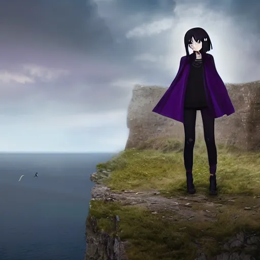 Prompt: 1 7 - year - old pale - skinned persian girl with black long bob cut, black gothic jacket, purple eyes, psychic girl, standing on cliff along the irish coast, overcast gray skies, anime, anime hd, octane render