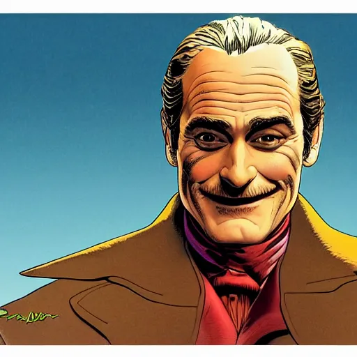 Image similar to photorealistic picture, by jean giraud, moebius, bob peak and alex ross and john romita jr, smooth focus, sharp details, detailed details, bokeh, 4 k, fine 5 k details about joaquin phoenix as arthur fleck joker comic panel volume 1